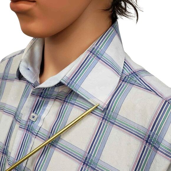 Bugatchi Shirt Short Sleeve Men L Blue Multicolor Plaid & Floral Button Up - Picture 12 of 12